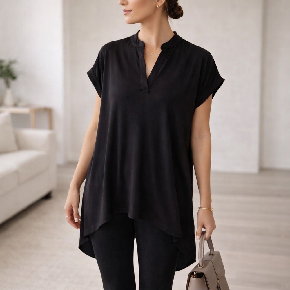 Agnes & Dora Black Mandarin Collar Tunic Top Hi Lo Oversized Short Sleeve XS NWT